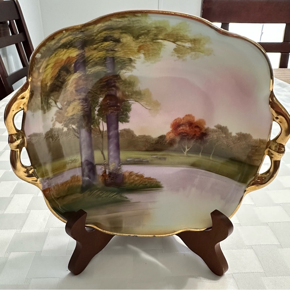 Hand-Painted Scenic Porcelain Tray with Gold Accents